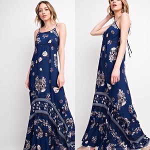 Navy Cream Floral Spaghetti Strap Cutout Maxi Dres